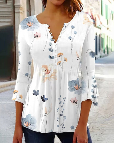 Elegante V-Ausschnitt Damen Bluse mit 3/4 Ärmeln