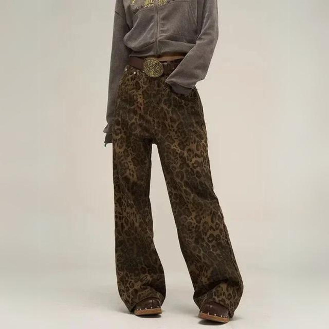 Damen High Waist Jeans im Leopardenstil