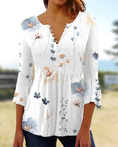 Elegante V-Ausschnitt Damen Bluse mit 3/4 Ärmeln