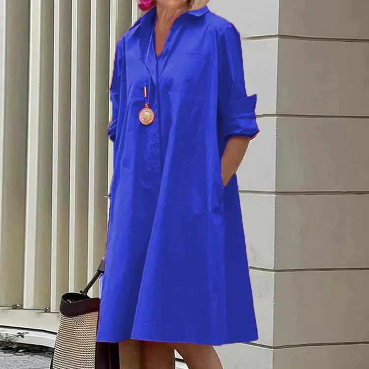 Elegantes Damen Sommerkleid mit Hemdkragen, Taschen und Langarm