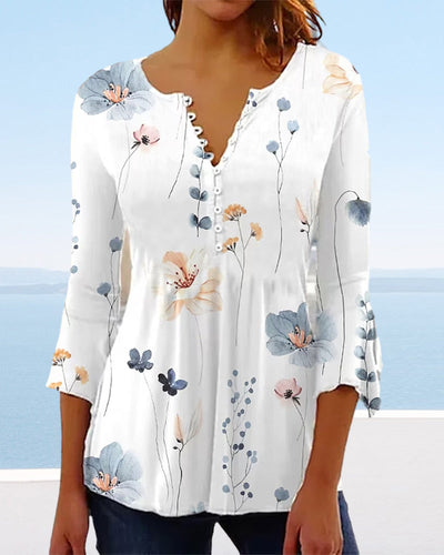 Elegante V-Ausschnitt Damen Bluse mit 3/4 Ärmeln