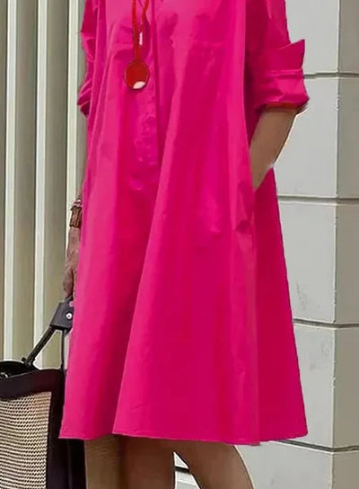 Elegantes Damen Sommerkleid mit Hemdkragen, Taschen und Langarm
