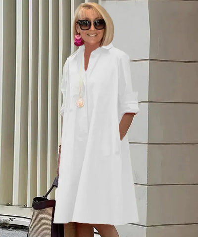Elegantes Damen Sommerkleid mit Hemdkragen, Taschen und Langarm