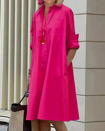 Elegantes Damen Sommerkleid mit Hemdkragen, Taschen und Langarm