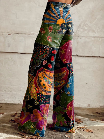 Elegante Damen Freizeithose mit weitem Bein und Vintage Print