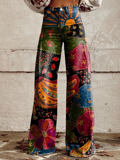 Elegante Damen Freizeithose mit weitem Bein und Vintage Print