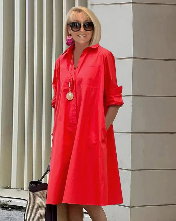 Elegantes Damen Sommerkleid mit Hemdkragen, Taschen und Langarm