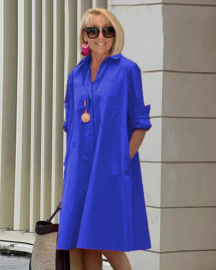 Elegantes Damen Sommerkleid mit Hemdkragen, Taschen und Langarm