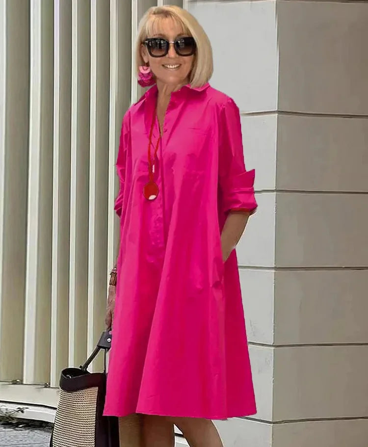 Elegantes Damen Sommerkleid mit Hemdkragen, Taschen und Langarm