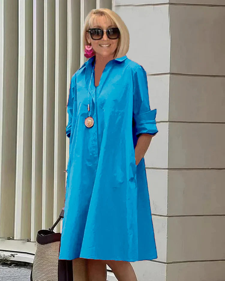 Elegantes Damen Sommerkleid mit Hemdkragen, Taschen und Langarm