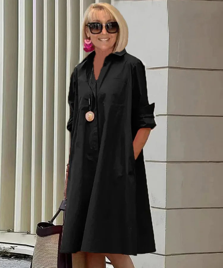 Elegantes Damen Sommerkleid mit Hemdkragen, Taschen und Langarm